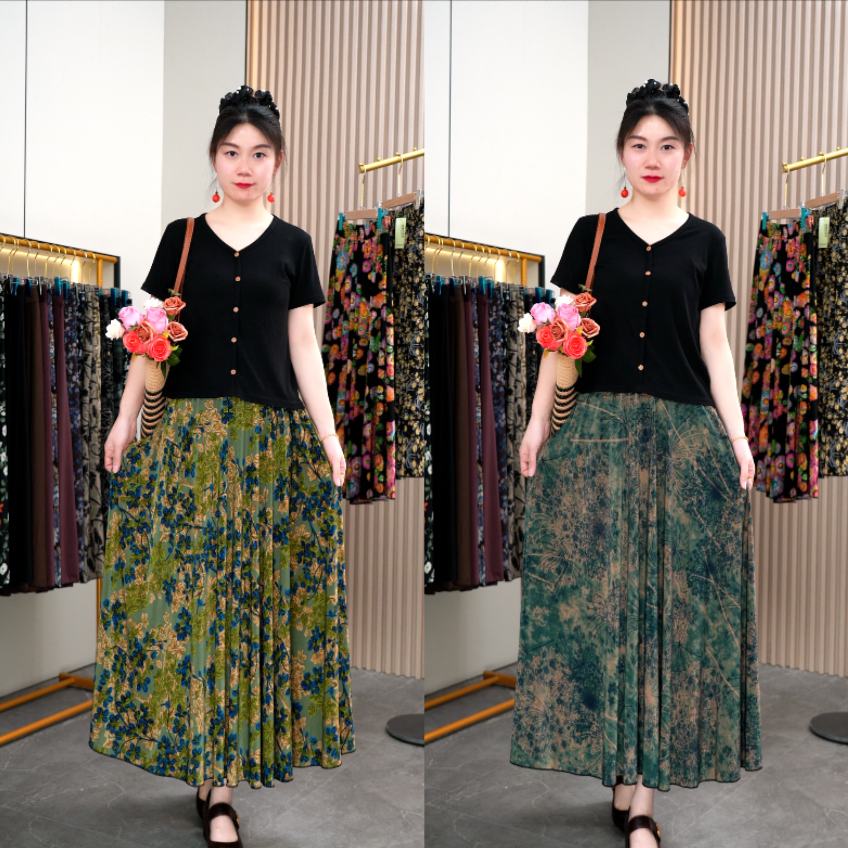 原版高档珠光琉璃缎显瘦夏季高腰松紧腰中长款A字时尚半身裙百搭