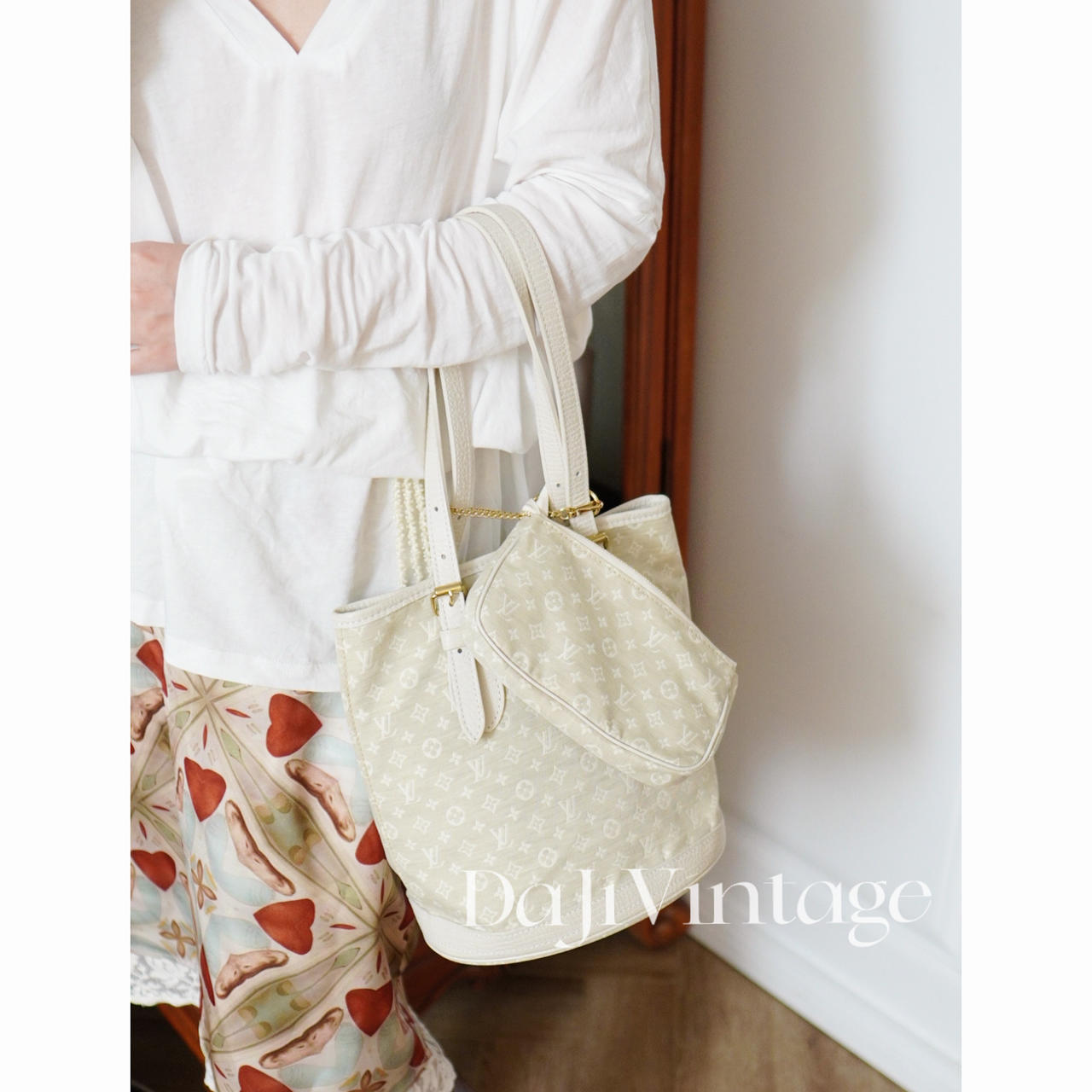 95新 LouisVuitton/路易威登 大吉中古/Lv米白丹宁水桶子母包