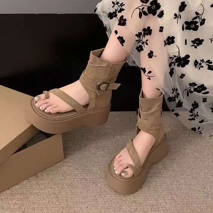 达芺妮【真皮牛皮】厚底凉靴女夏季新款小个子软底套趾凉鞋罗马女鞋