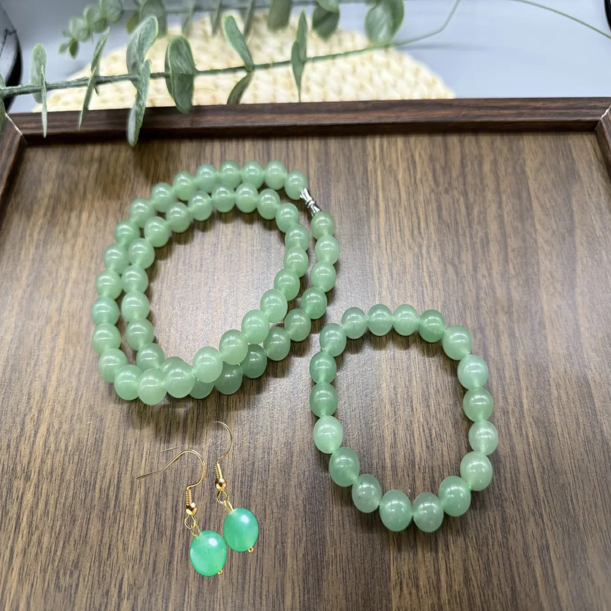 纯天然玉石东陵玉冰透绿三件套项链手串耳钩女士轻奢饰品