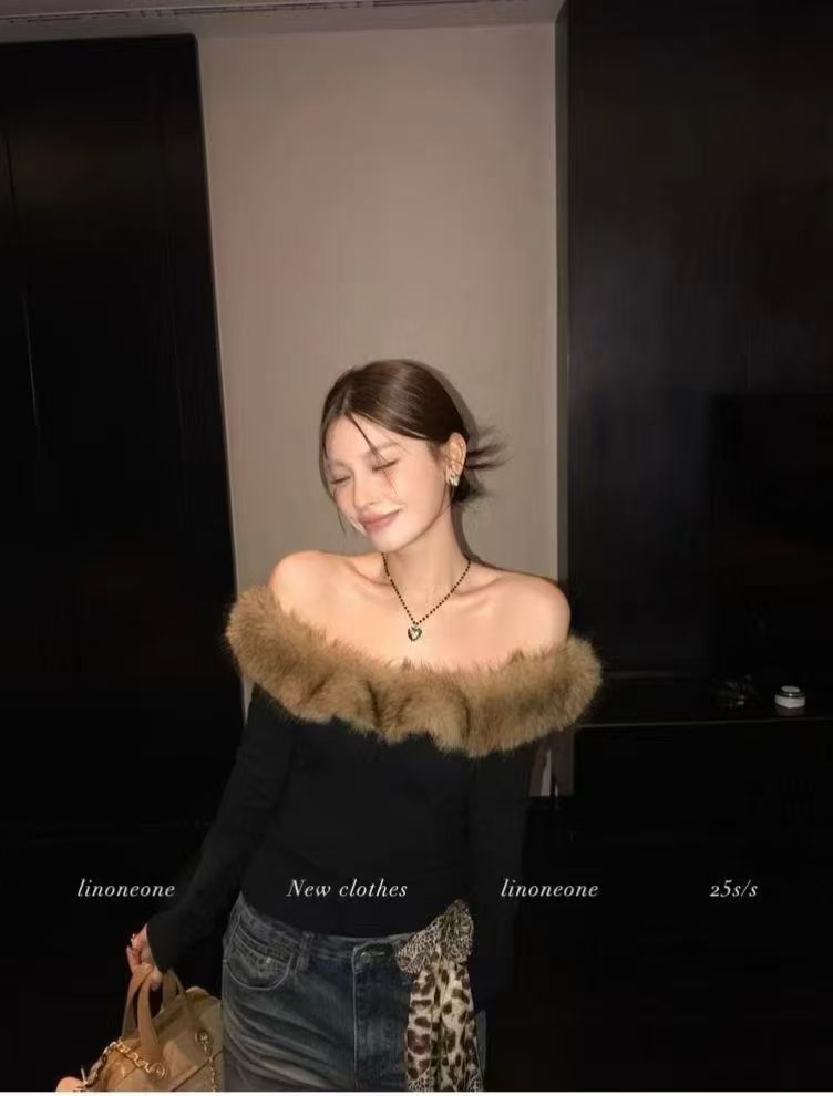 大码胖mm设计毛领一字肩长袖打底衫上衣打底衫(配可拆仿毛毛领)