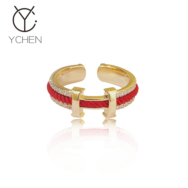 铜合金戒指 可调节新年红色字母H戒指女中式小众设计洋气红绳指环