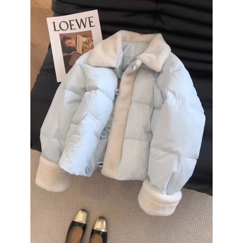 蓝色拼接甜美减龄翻领棉服女冬新款小个子短款保暖外套