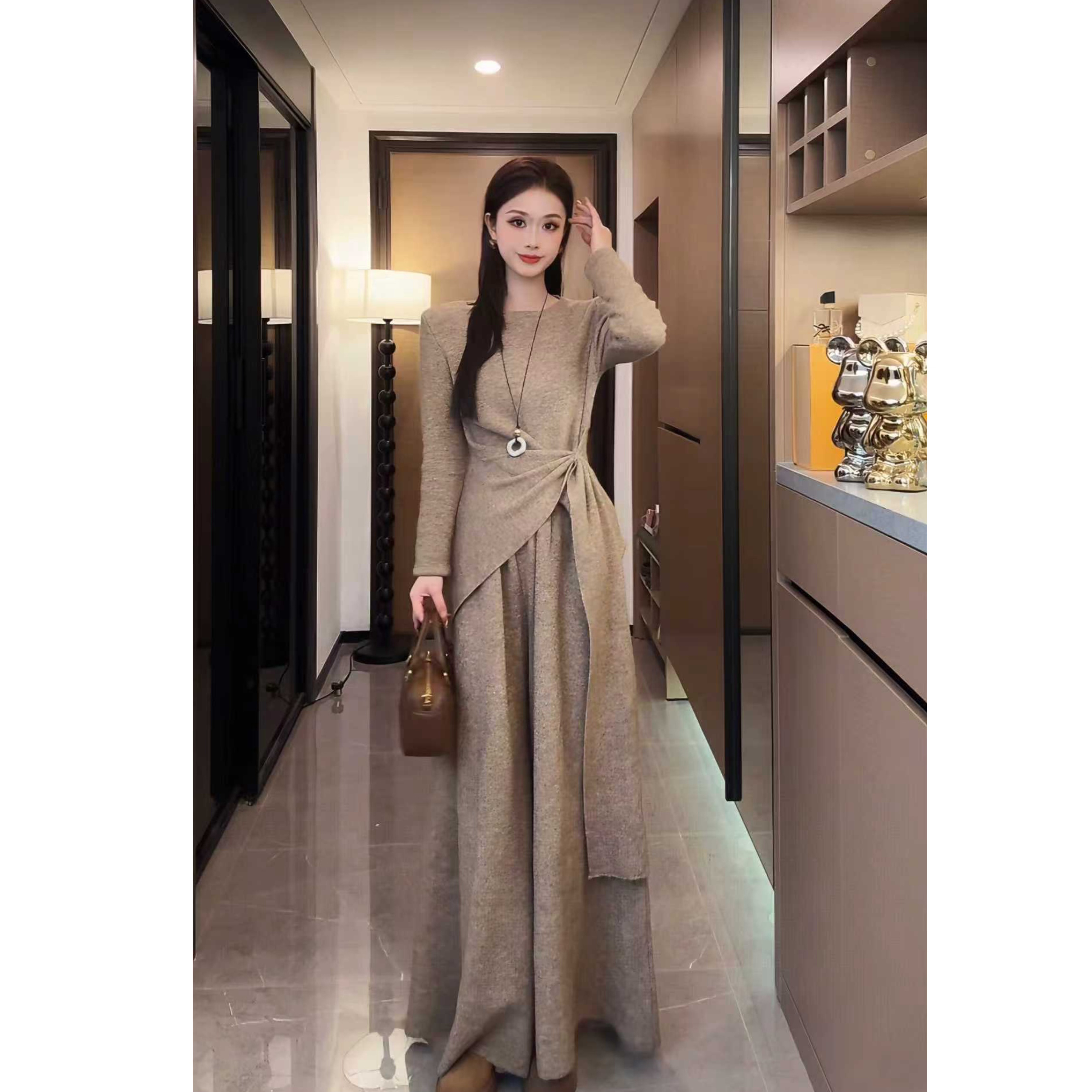 韩系气质辣妹不规则针织套装女2025秋冬新款毛衣垂感长裤裙套装