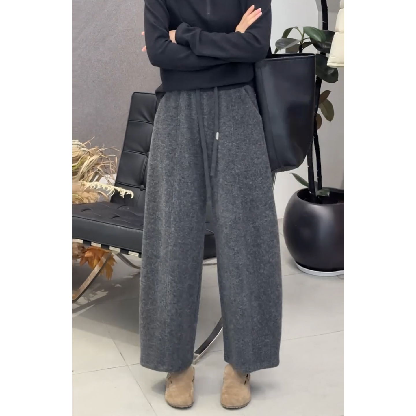 艾塔莉呢子阔腿裤显瘦休闲裤子秋冬新款女时尚百搭萝卜裤松紧腰