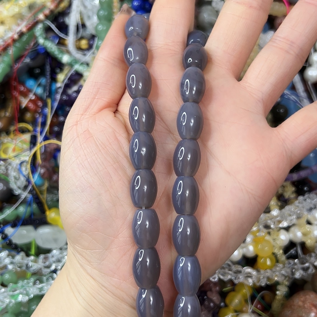 玛瑙/玉髓合金珠宝半成品 A级灰玛瑙卡10✖️13枣珠一条