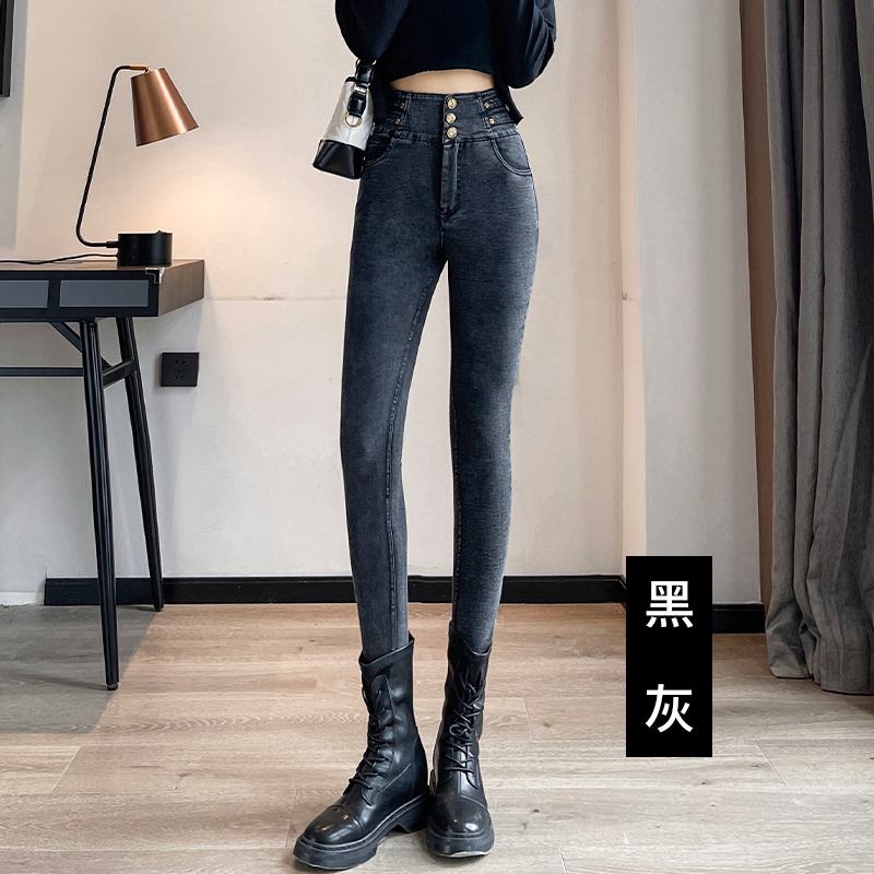 8104-水蛇腰（雪花灰）魔术牛仔小黑裤（三扣小金花）