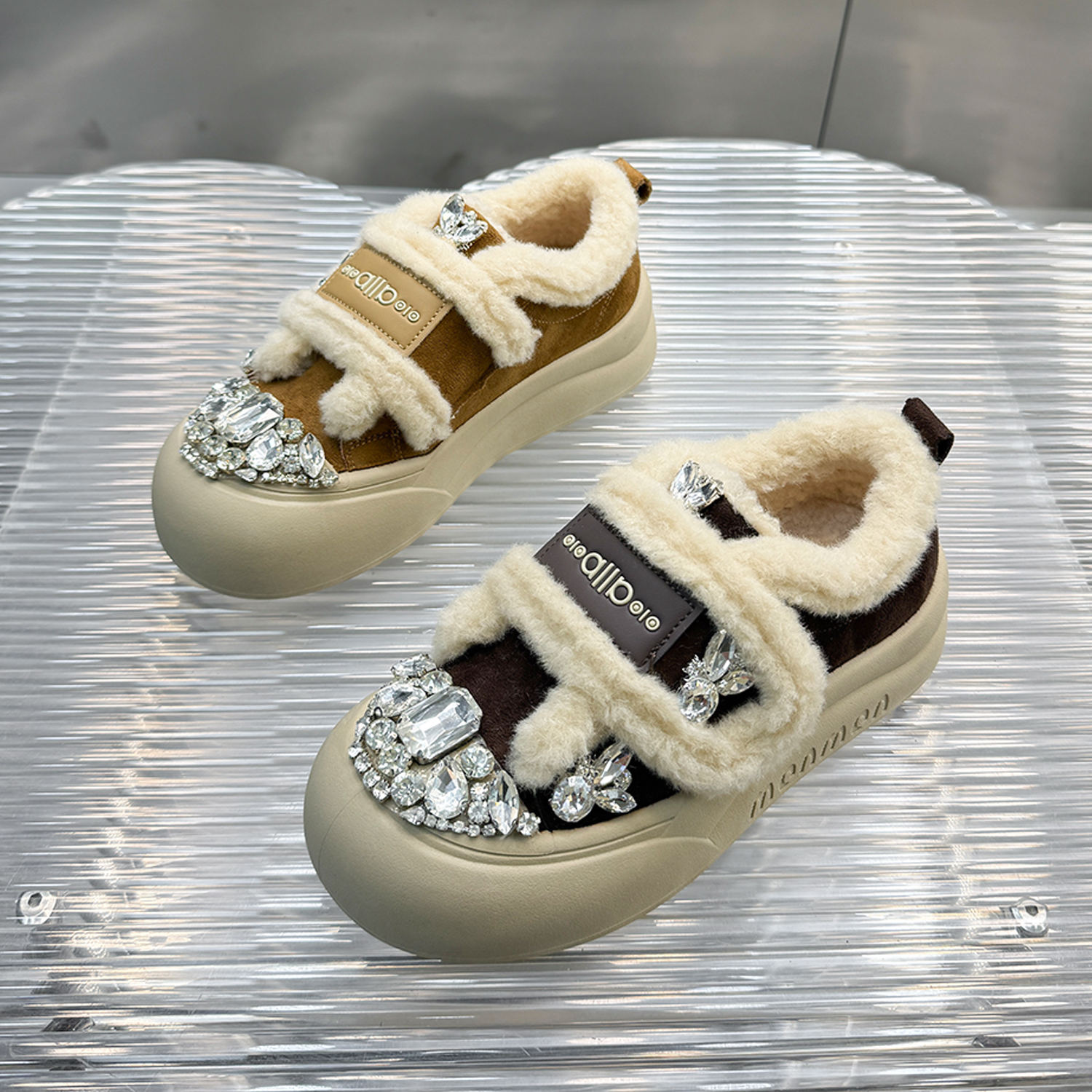 2025冬季新款重工水钻厚绒毛毛鞋休闲百搭厚底保暖东北大棉鞋2212