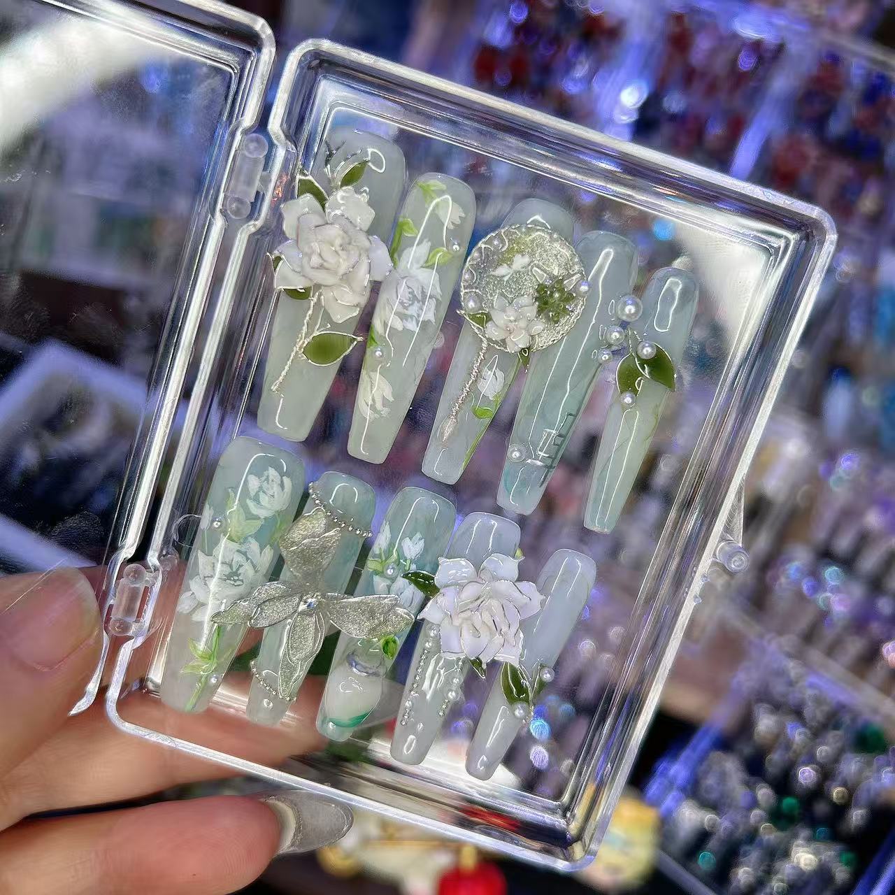 02山茶茉莉—姚奈儿手工定制全钻满钻晕染掐丝蝴蝶锆石雕花穿美甲