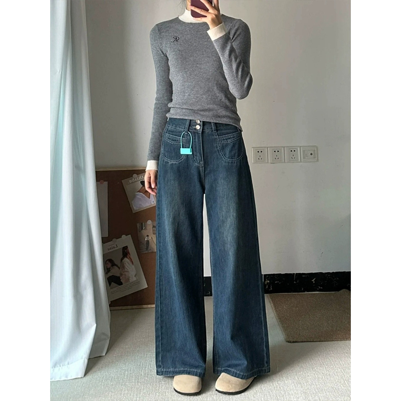 梨形身材复古蓝直筒牛仔裤女秋冬加绒加厚大码胖mm高腰直筒阔腿裤