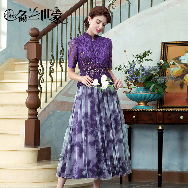 名兰世家妈妈婚宴会礼服原创新款假两件连衣裙喜婆婆高贵年轻长裙