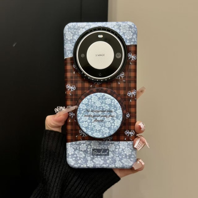 适用华为mate70pro手机壳苹果16pro韩系复古ins棕格纹蓝色蝴蝶结