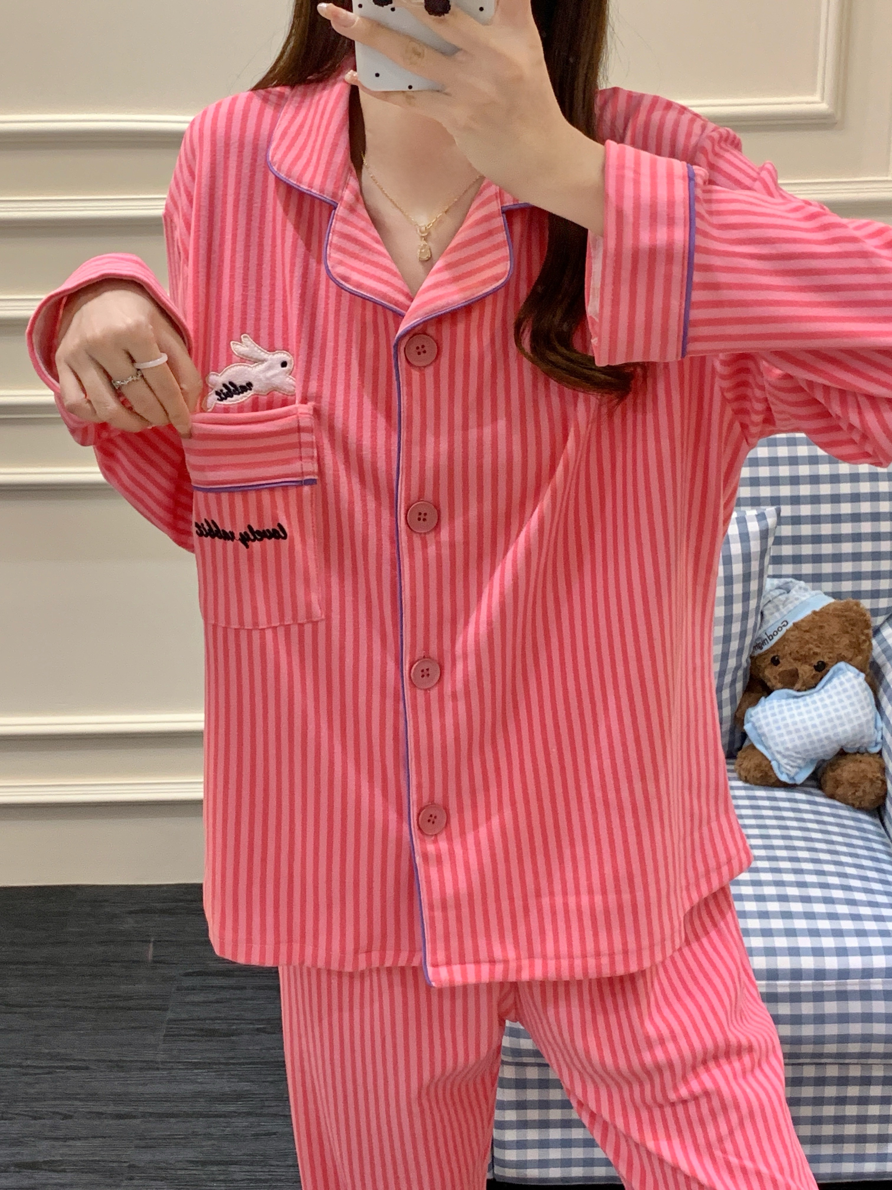 【条纹小兔】睡衣女秋冬季新款德绒加厚长袖长裤可外穿家居服套