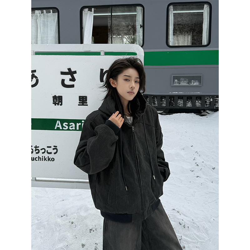 CLECUI美式水洗解构工装连帽夹克棉服男女冬宽松加厚夹棉短款外套