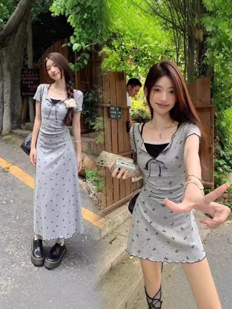 高级感印花短袖纯欲连衣裙女夏季气质蕾丝花边收腰显瘦A字包臀裙