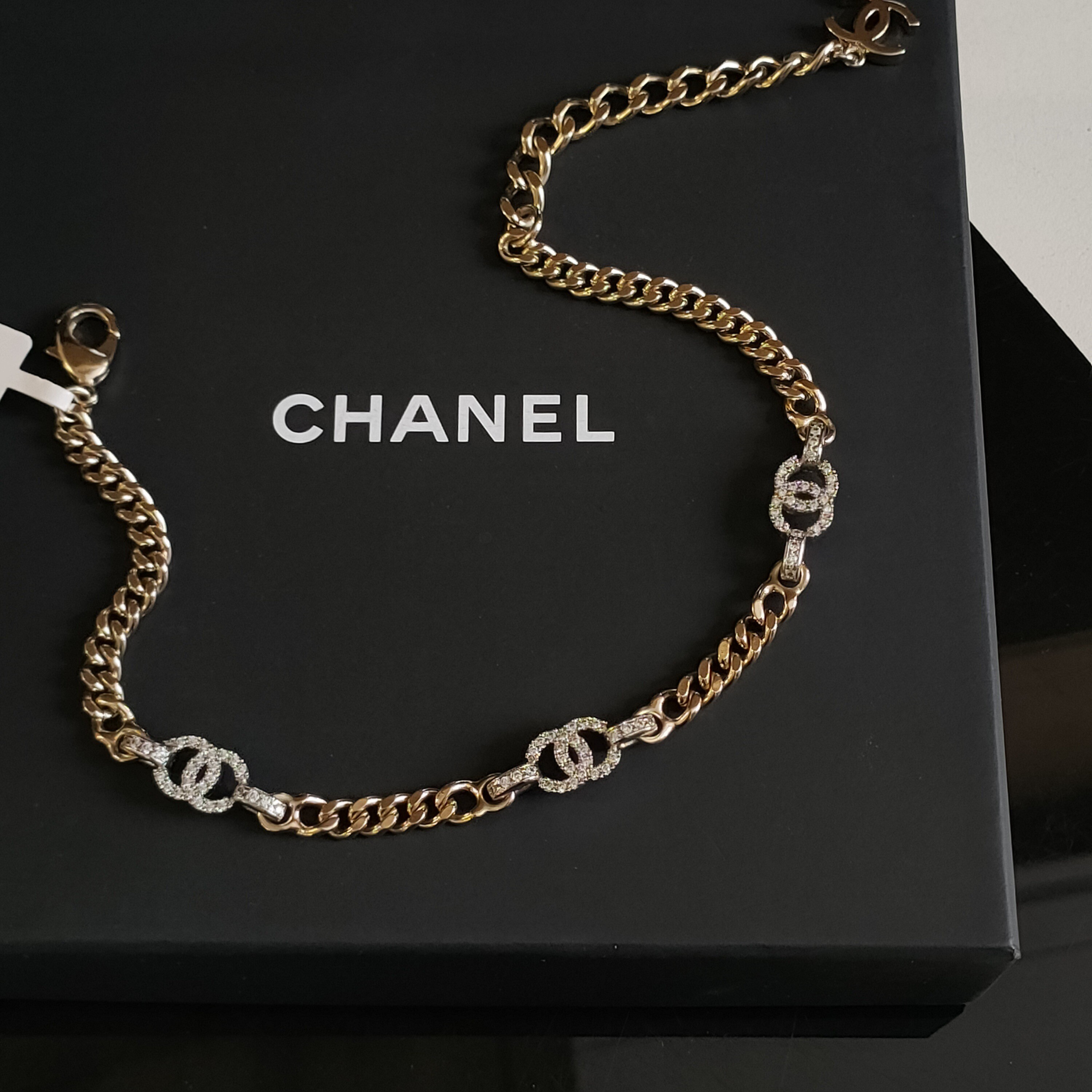 95新 Chanel/香奈儿 Azul-22S 银色满钻双C金链Chocker项链 42767