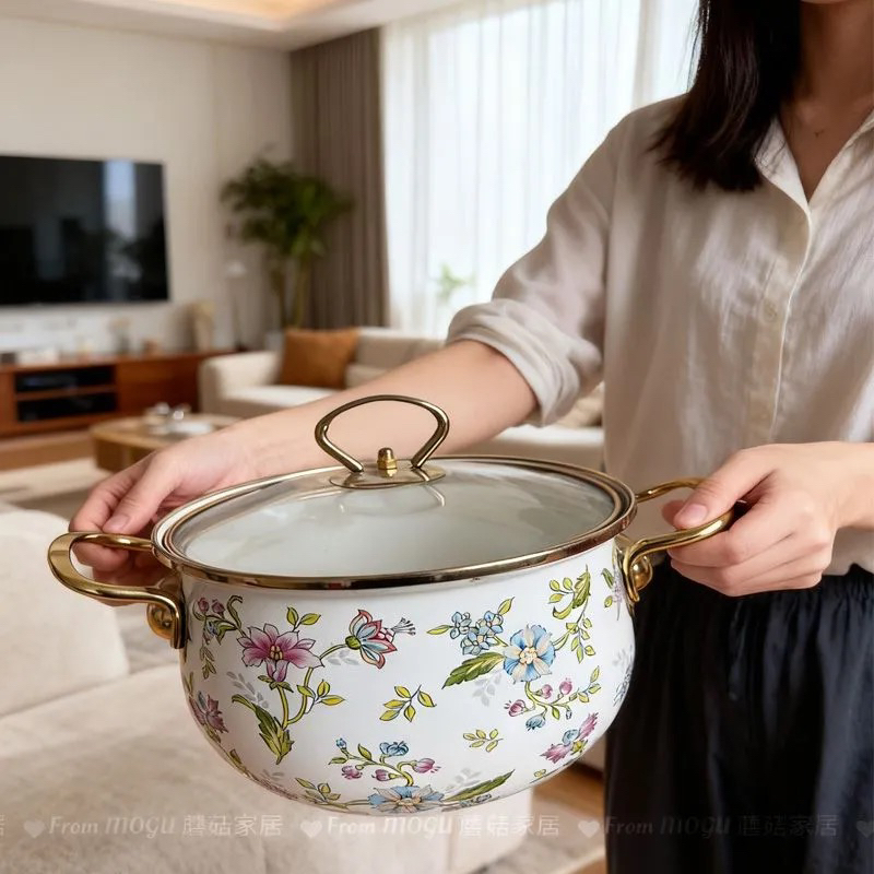 高端珐琅搪瓷炖汤锅明火烧不黑底加深锅加厚汤锅电磁炉可用不挑灶