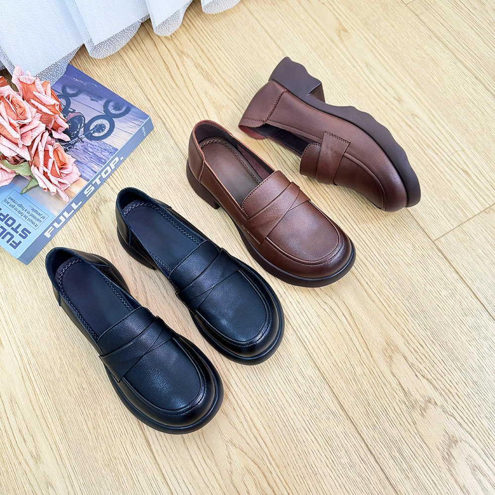 新款圆头乐福鞋软底平底粗跟单鞋舒适百搭休闲小皮鞋一脚蹬186-16