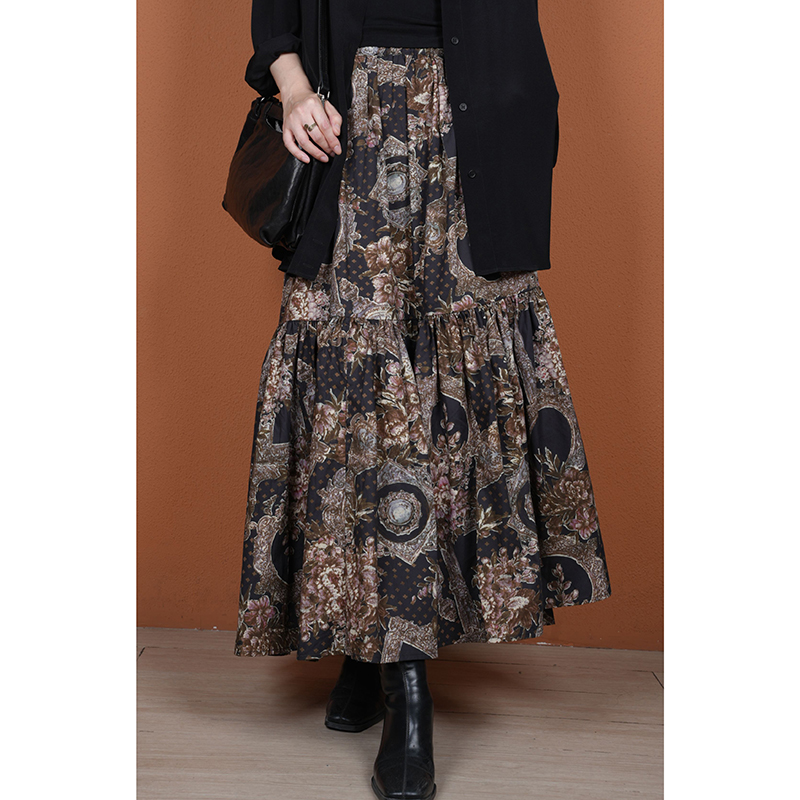 【与风萦】早秋款复古文艺印花半身裙  波西米亚显瘦浪漫中长款