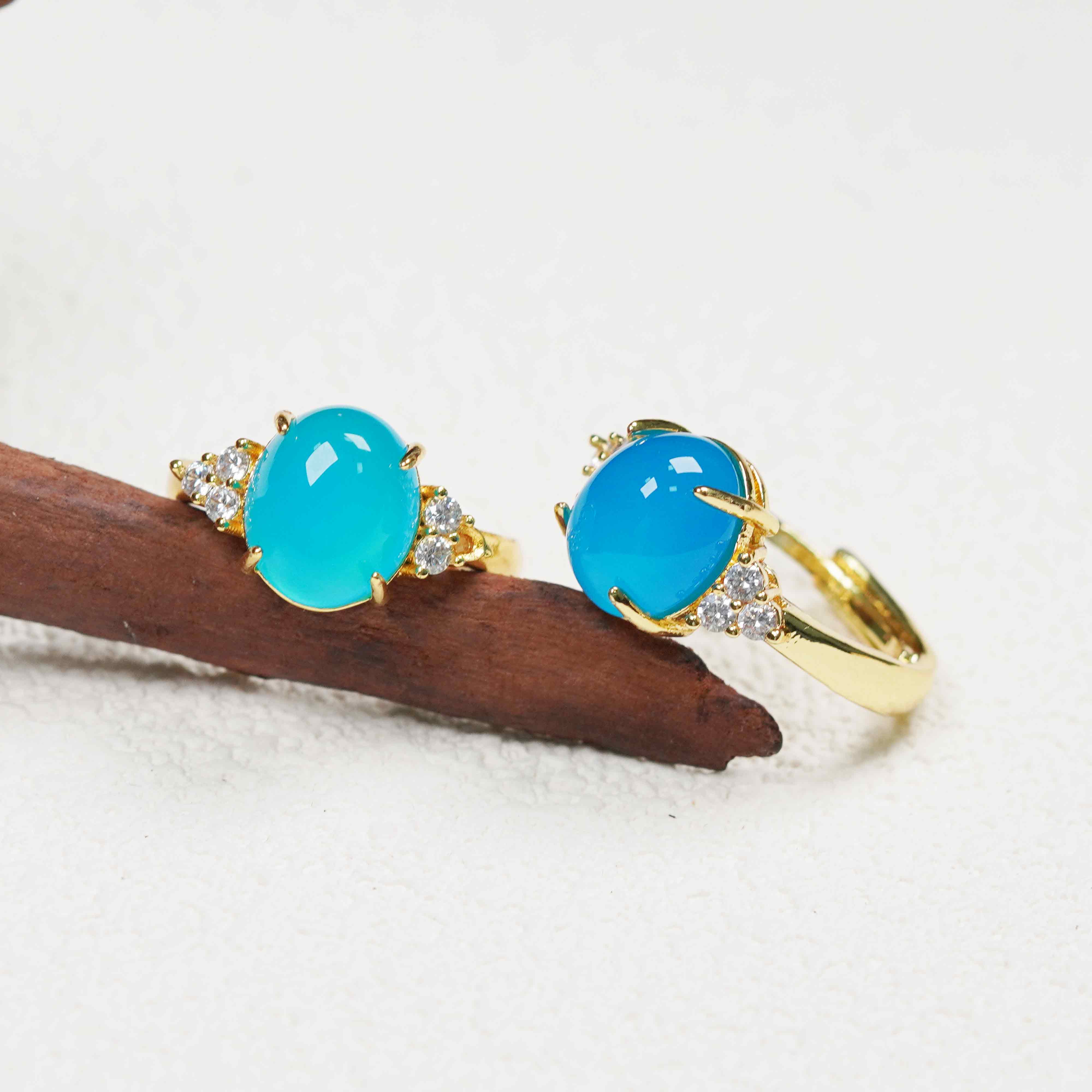 天然玉石 JZH24-5 简约镶嵌海蓝之谜蛋面开口戒指多样性发其一