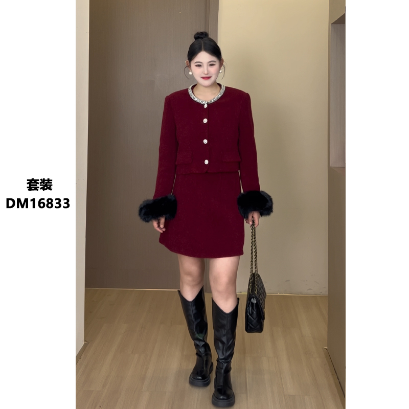 DM16833【富家大小姐】法式名媛气质复古高腰红色套装小香风