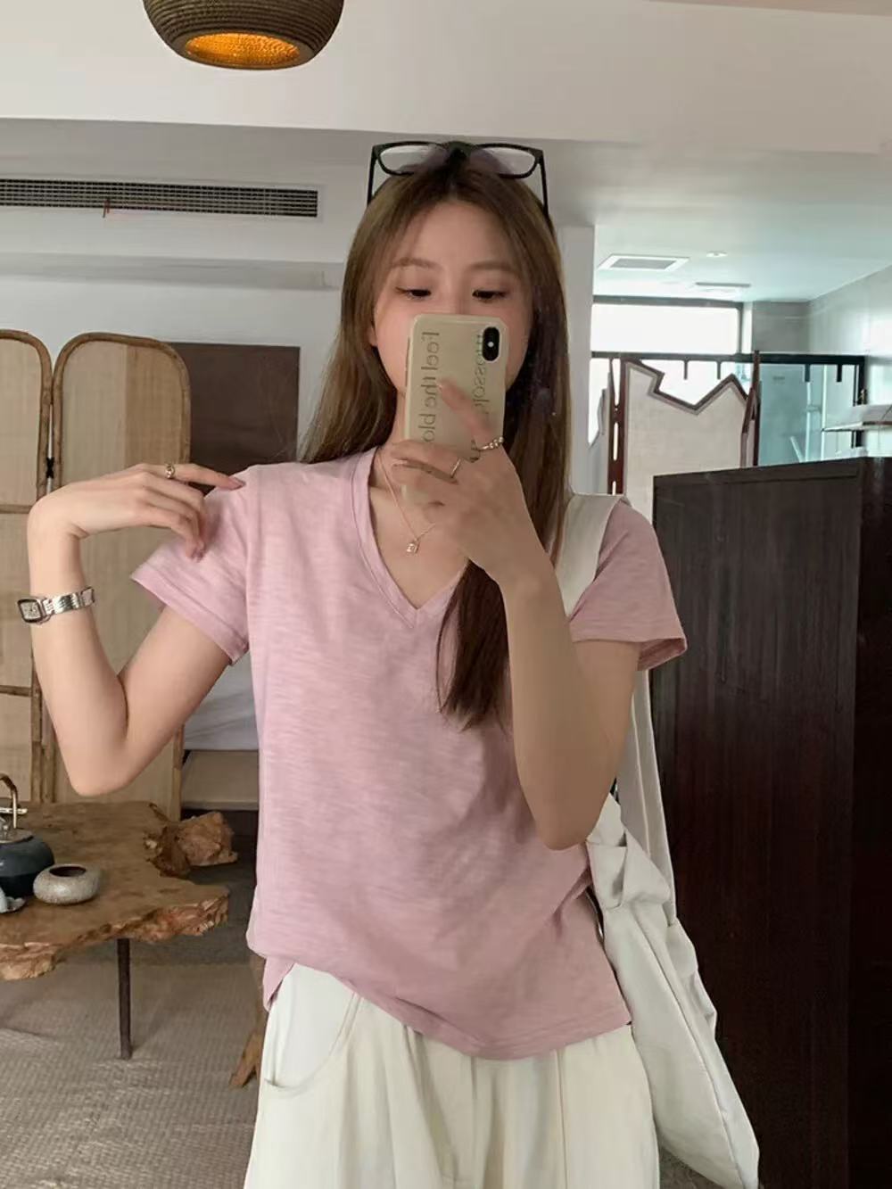 4365 韩系纯色简约显瘦修身高支高密竹节棉亲肤透气短袖清凉T恤