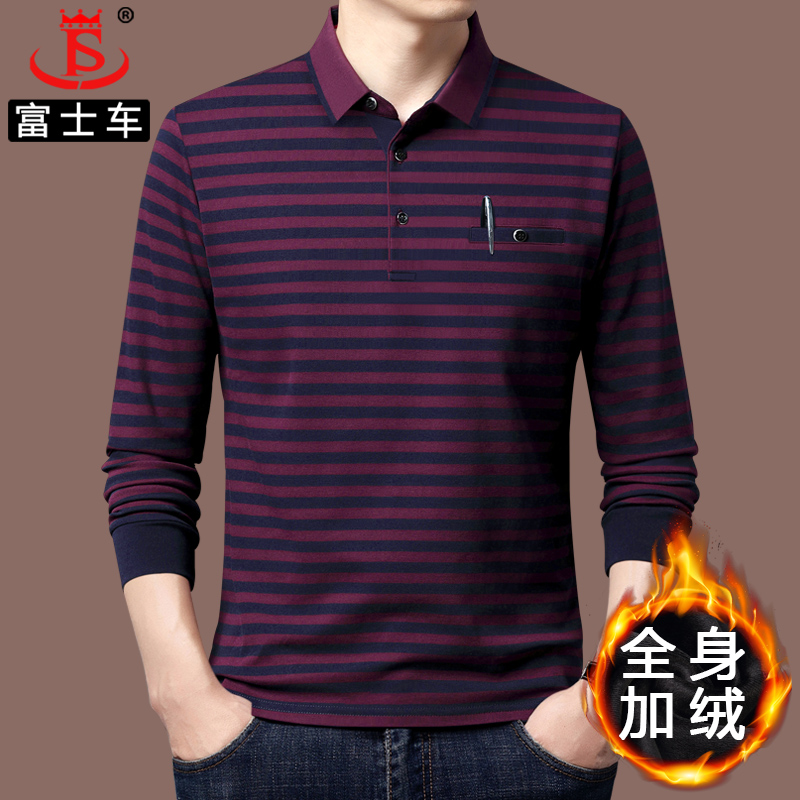 爆款中老年男士长袖t恤秋冬条纹爸爸口袋翻领加绒加厚Polo衫男装