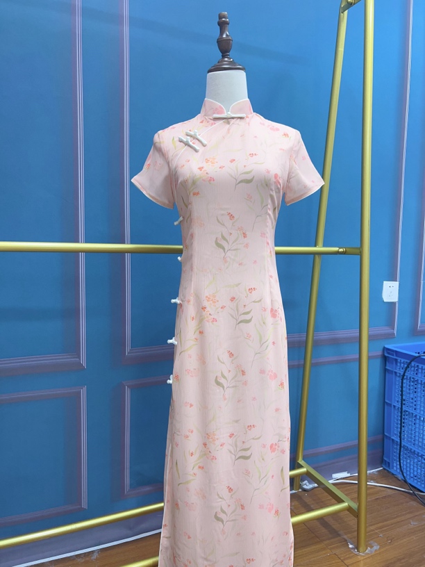 W-2737 花间仙子 云纺绉 双层 夏款年轻款改良旗袍120cm长款