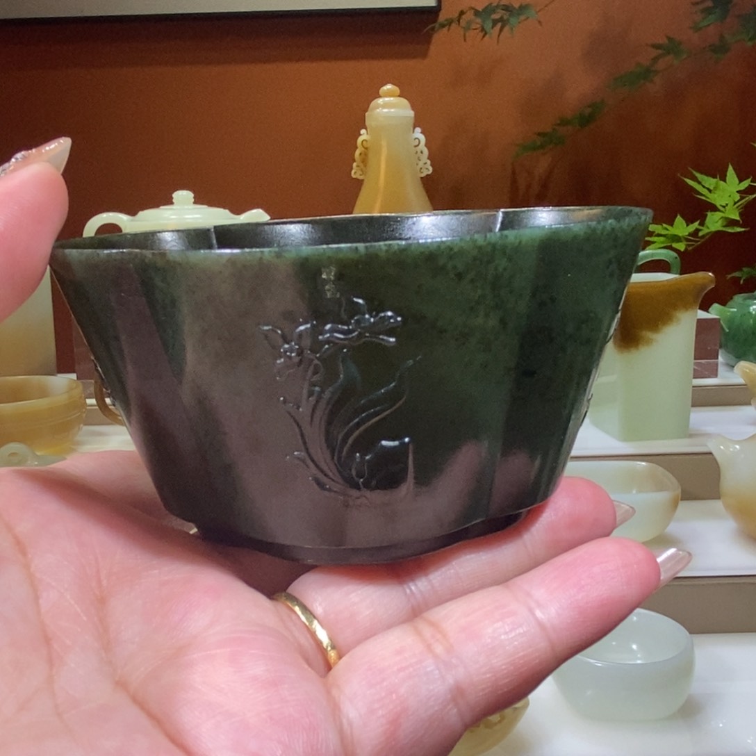 和田玉未镶嵌摆件青玉福利君子杯