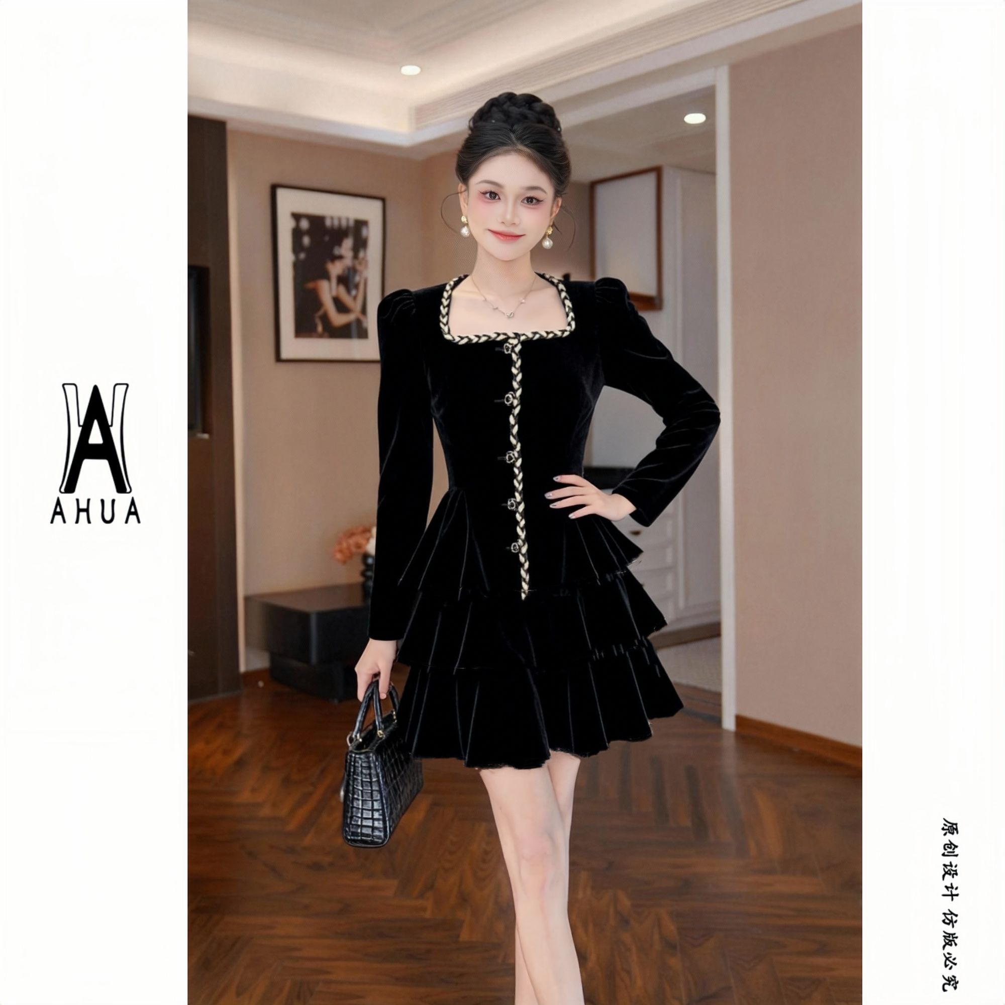 【花花原创】法式复古秋冬丝绒连衣裙高级感显瘦方领18182