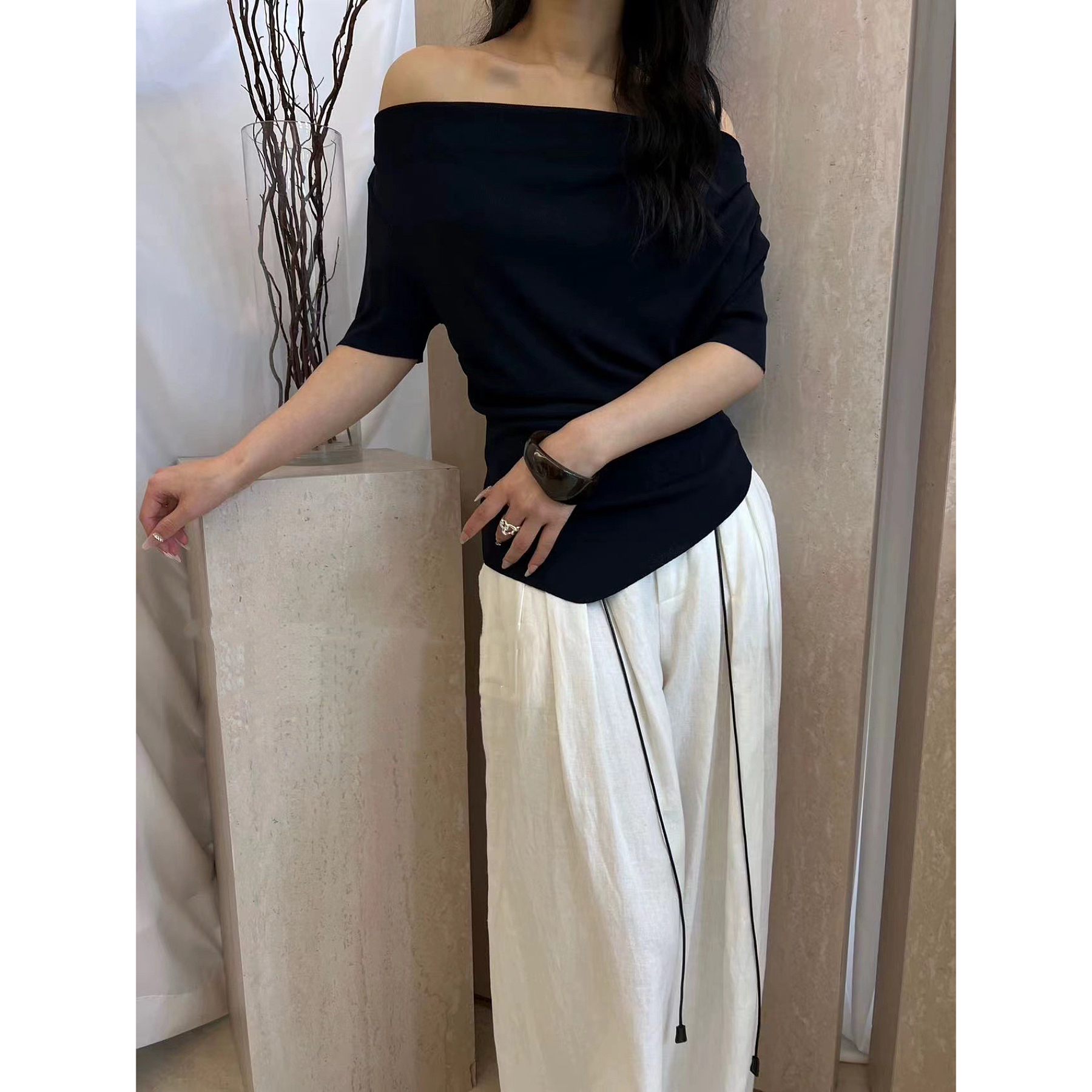 赫本法式多穿法拉肩荡领设计感小众别致显瘦T恤- K36