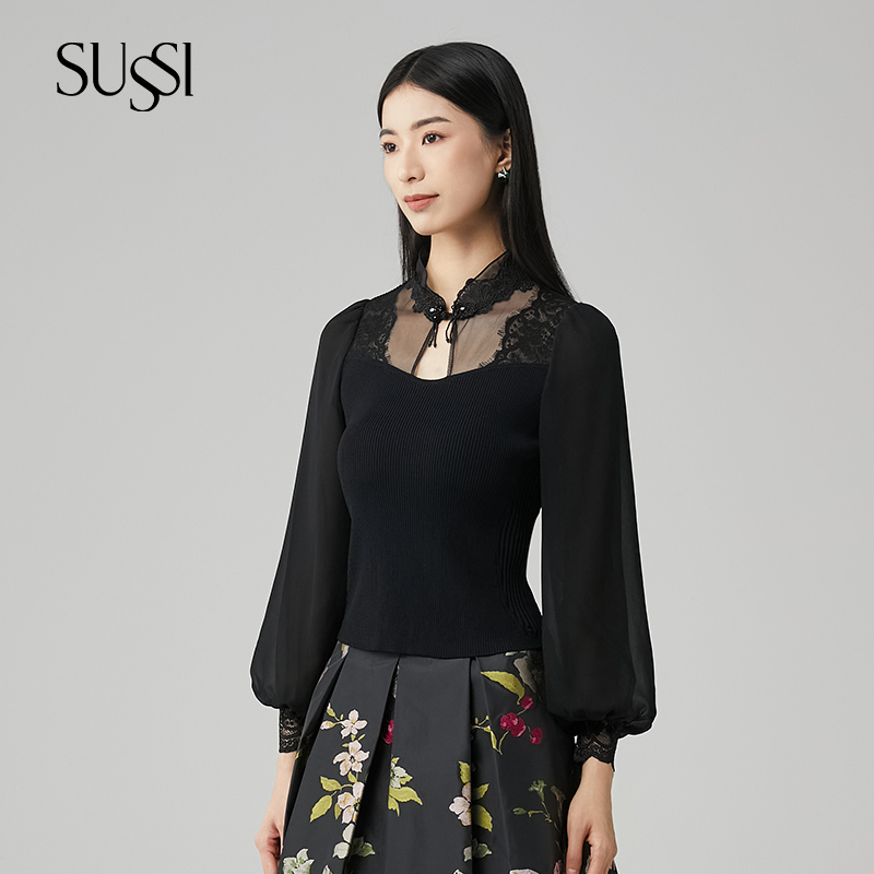 SUSSI/古色通勤风百搭灯笼长袖针织上衣女