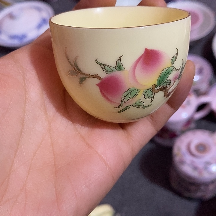 摆件陶黄稀土寿桃描金客杯