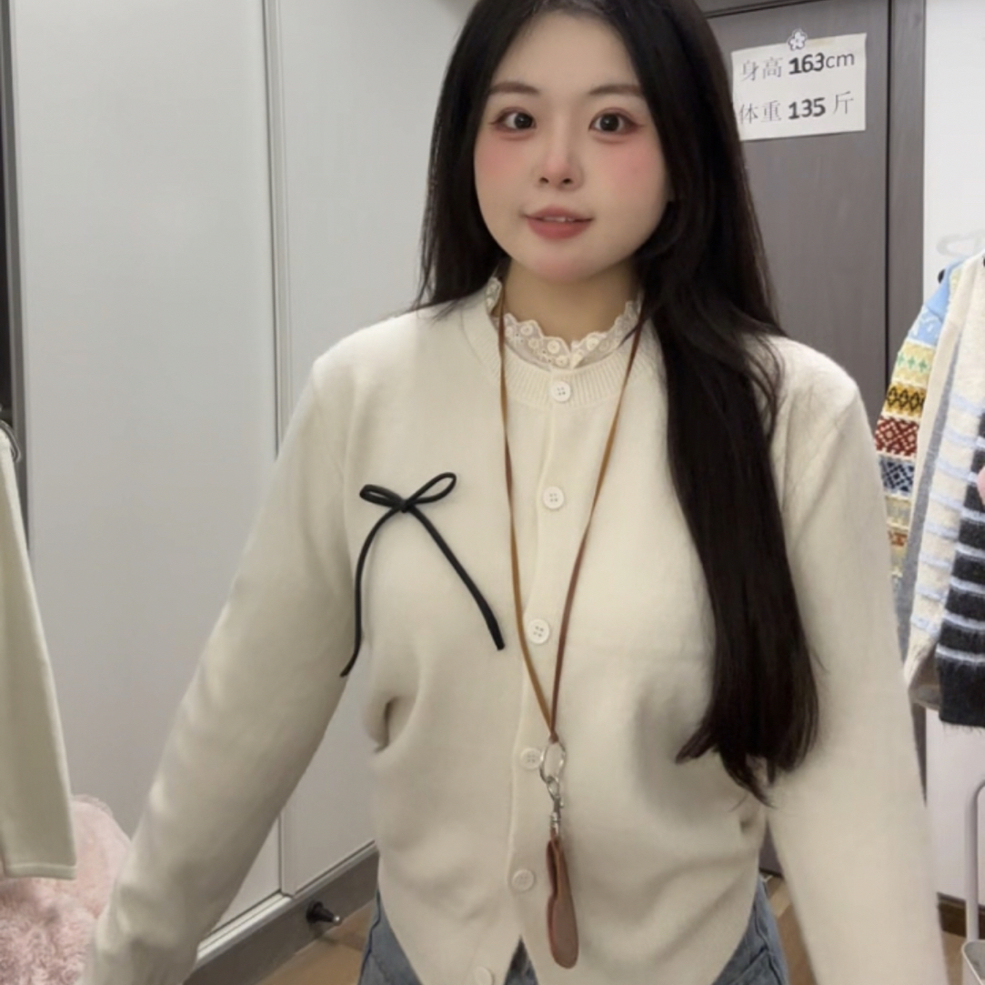 「candy蝴蝶」微胖女生秋冬新款显瘦花边领蝴蝶结开衫针织外套