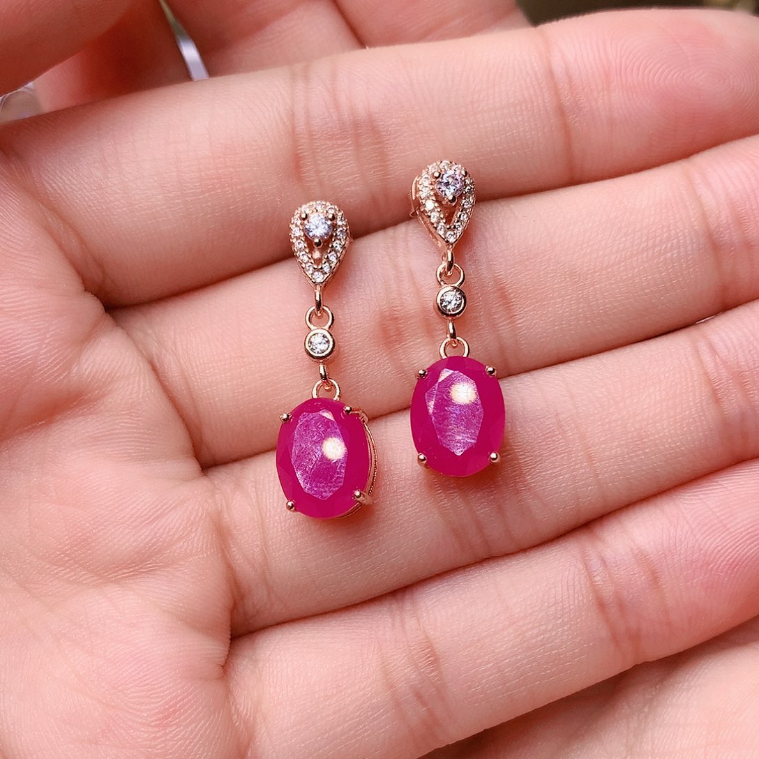 红宝石耳饰银S925镶嵌