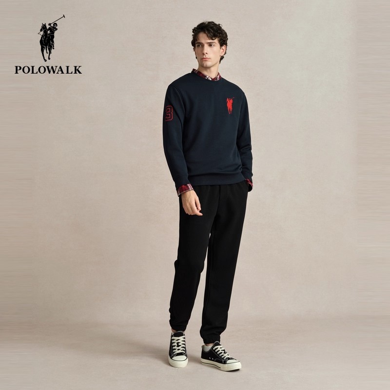 POLOWALK卫衣男秋冬刺绣圆领百搭套头简约户外休标运动W44211211