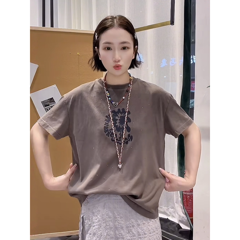 现货【不规则烫钻T恤】2025秋新品休闲百搭宽松圆领短袖T恤上衣女