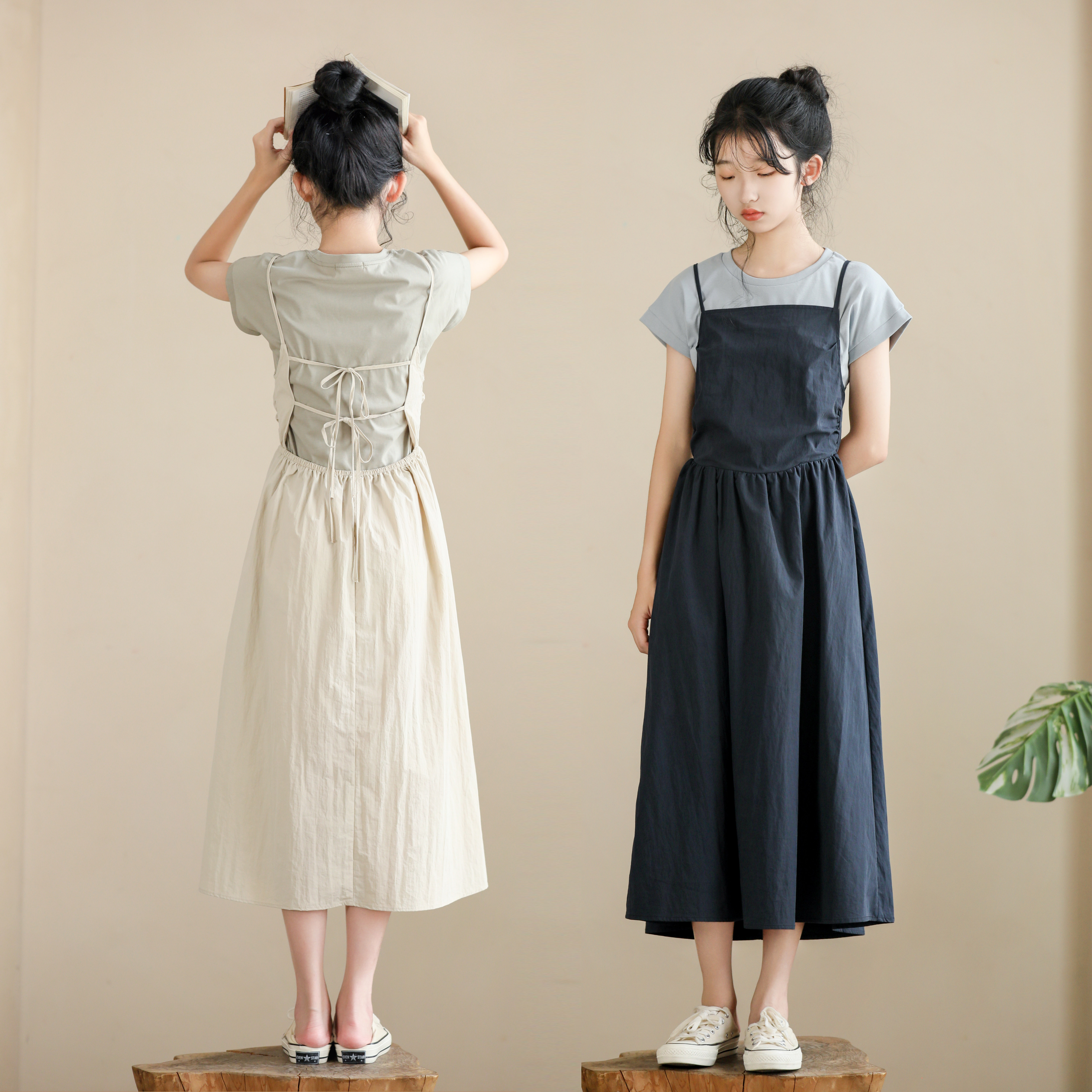 休闲复古裙子套装薄款套头中大女童夏季法式吊带裙休闲文艺套装