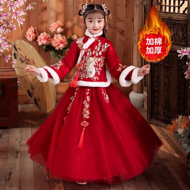 拜年服女童冬季加厚保暖儿童中国风红色新中式新年装过年服套装