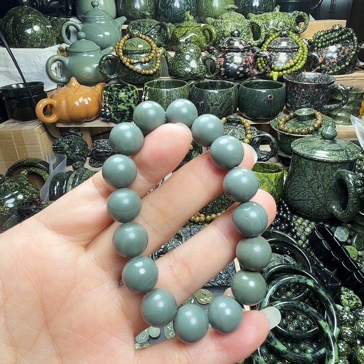 蛇纹石玉未镶嵌珠宝半成品松花石玉福利款1.2手串