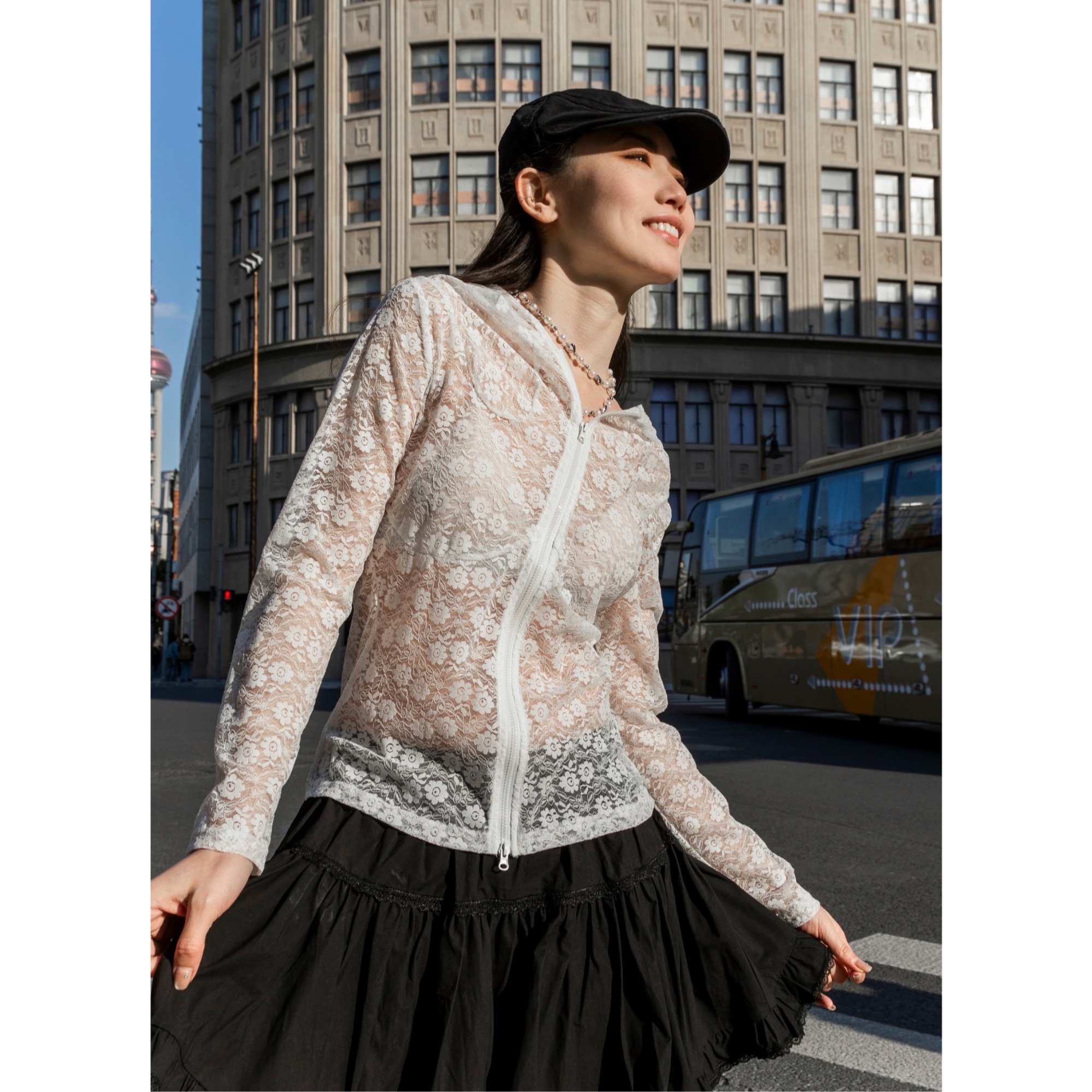 Fizzfly25春夏设计师款 连帽长袖复古百搭上衣气质小众蕾丝打底衫