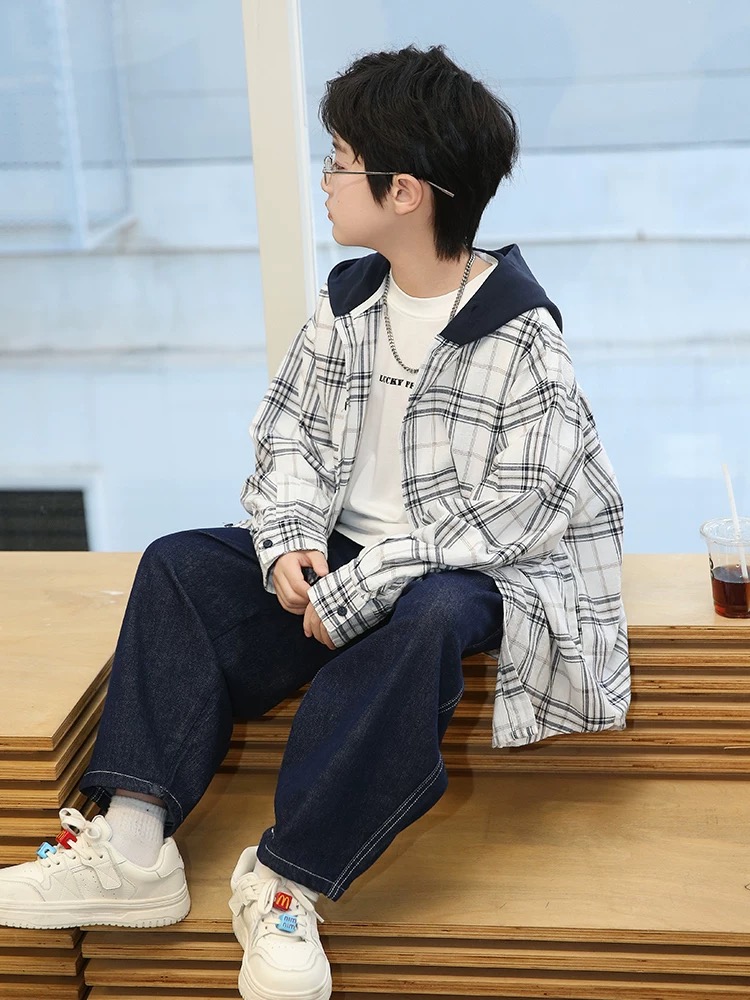 男童衬衫外套秋装2025新款儿童春秋款连帽上衣男大童薄款格子衬衣