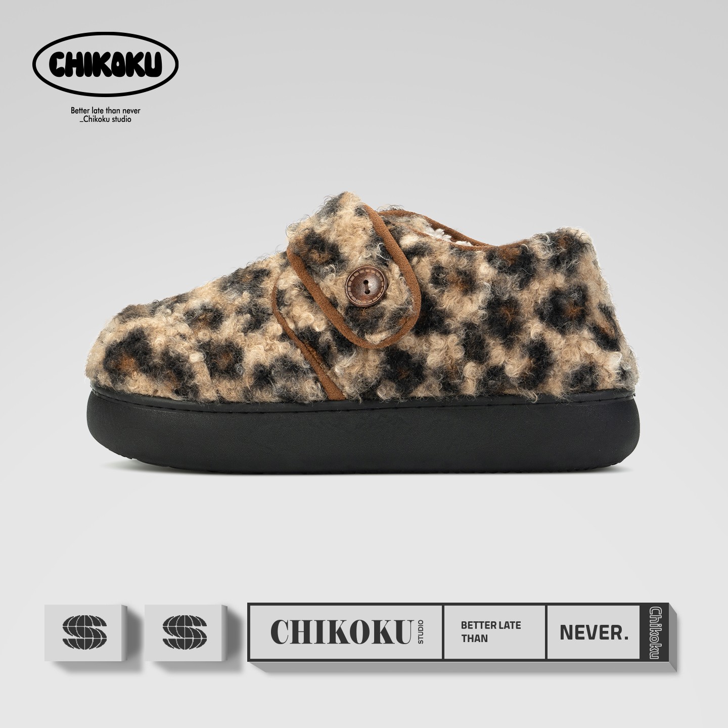 chikoku豹纹勃肯鞋女冬季厚底家居室内可外穿保暖情侣毛毛棉拖鞋