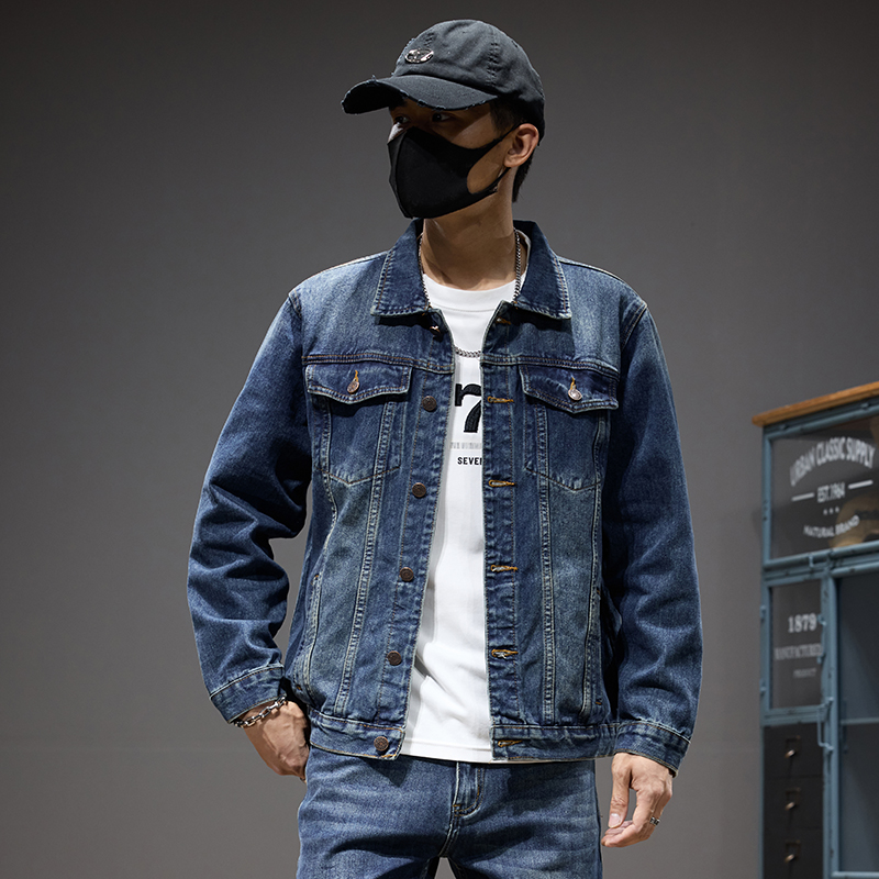 新款时尚休闲百搭潮流宽松复古帅气大码男款翻领牛仔牛仔外套男款