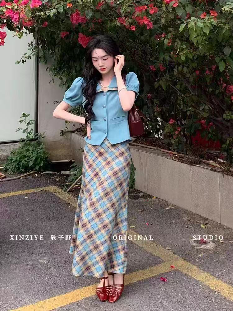 3120格子简约气质简约通勤显瘦都市风高腰碎花时尚套装