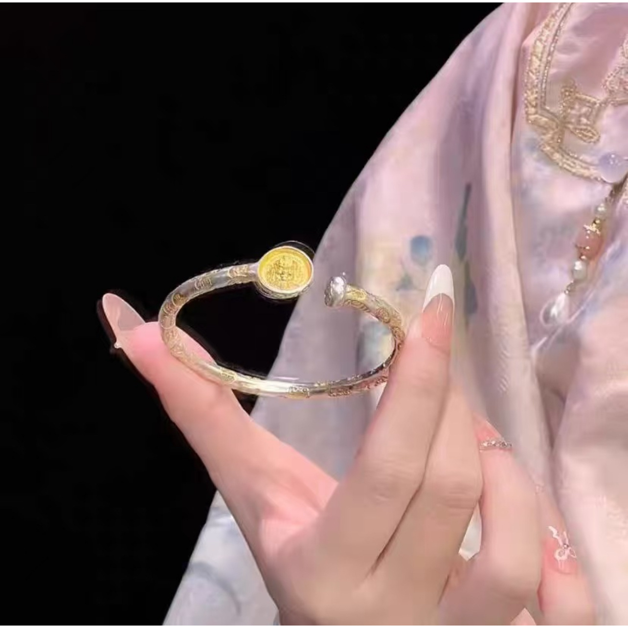 足银手镯 描金黄财神吉言足银999.9实心开口镯招米圆牌高级款