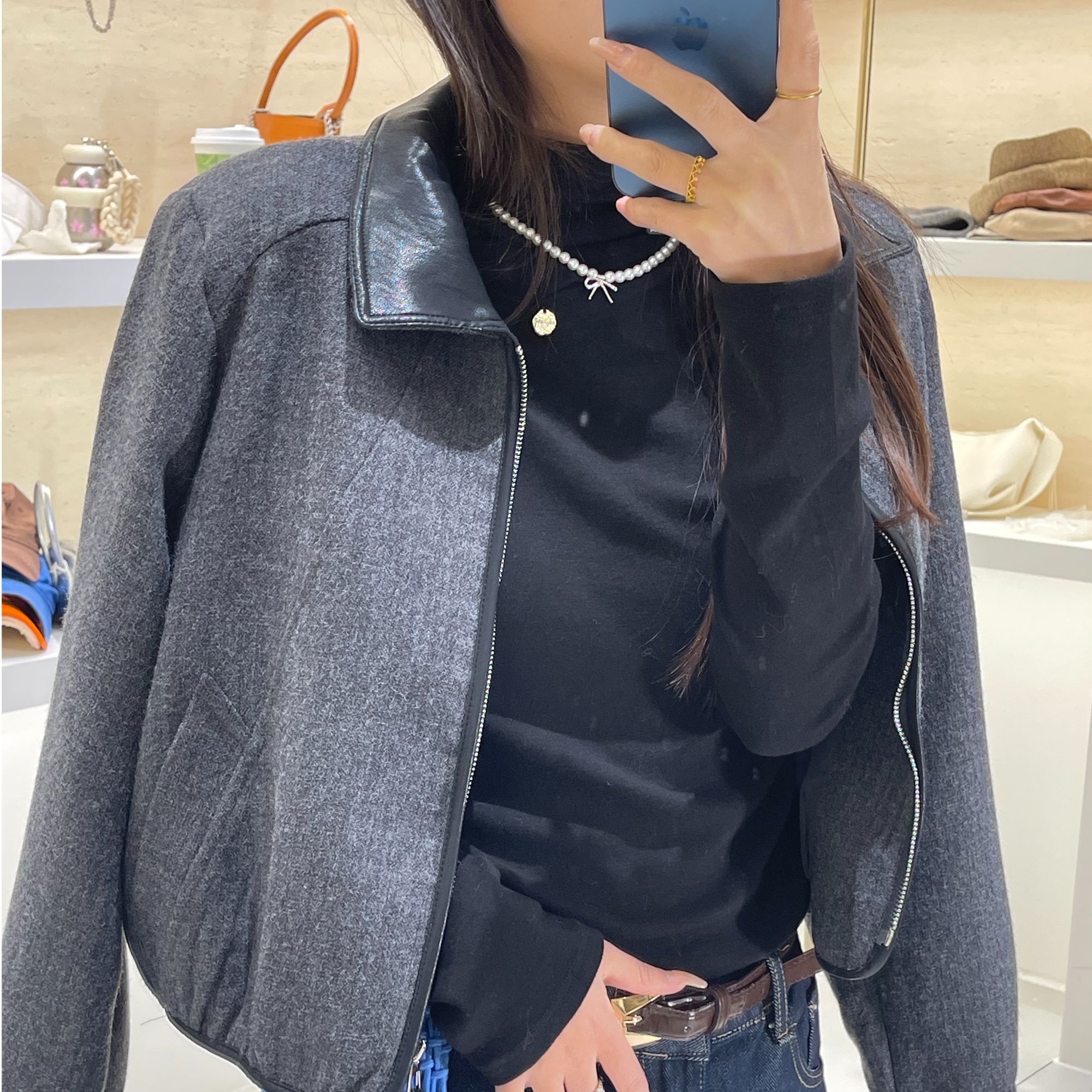 女短款常规翻领百搭宽松型短外套休闲深灰色秋季拼接8827