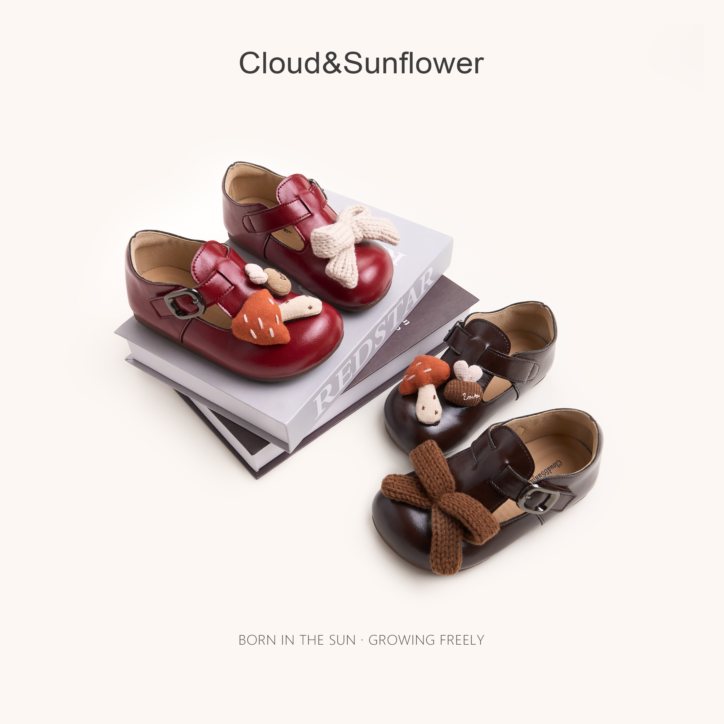 【云朵小葵】女童秋季新款蘑菇蝴蝶结休闲小皮鞋6389