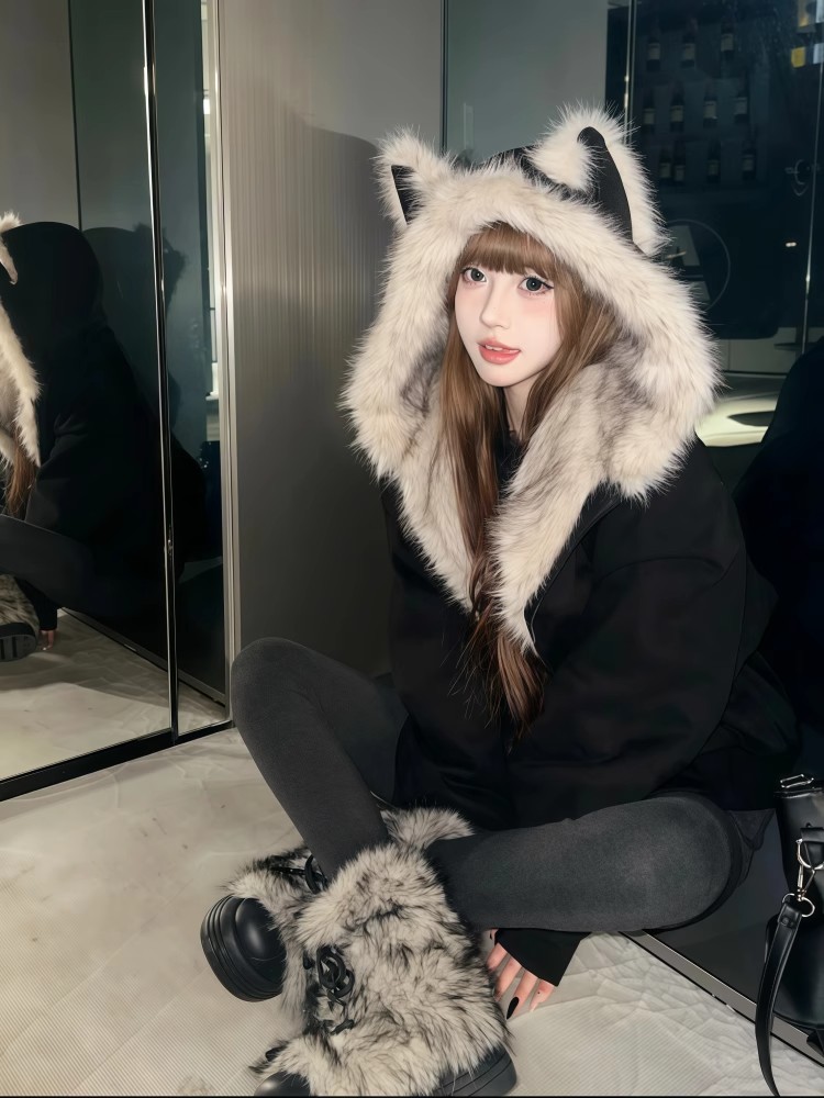 黑色座山雕猫耳朵连帽棉服女2025冬季新款加绒加厚棉衣设计感外套