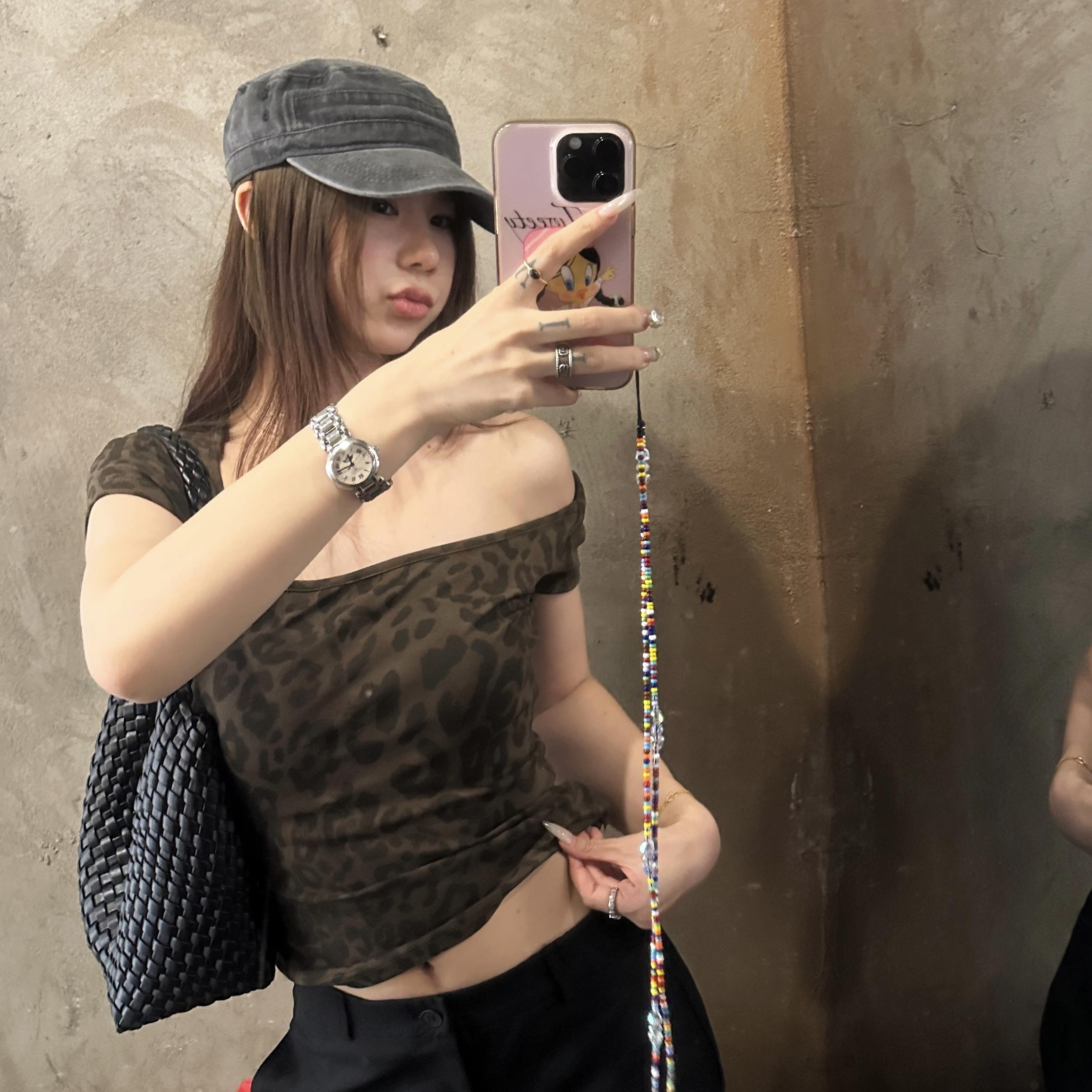 DYANGJUN【时髦精】夏季新品豹纹方领短款气质上衣